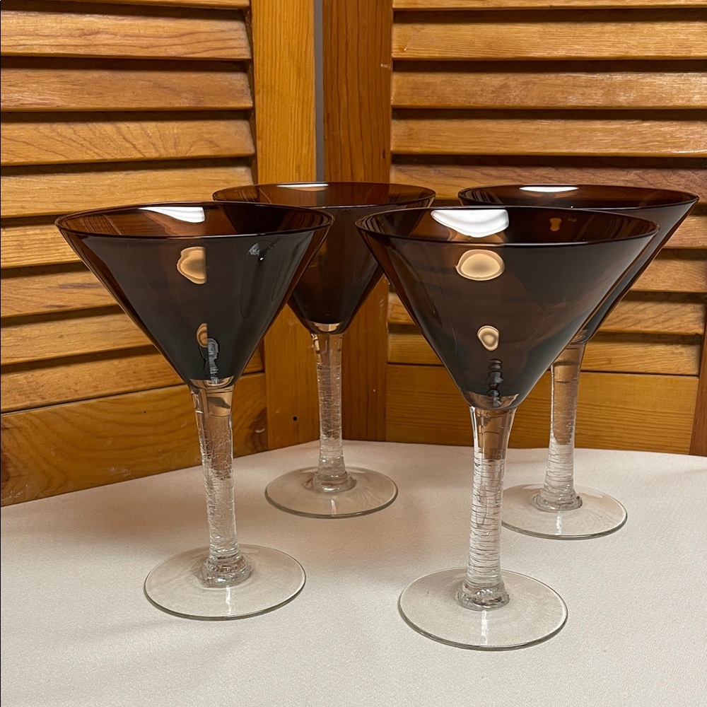 Set of 4 Large Brown Martini Glasses with Clear Crackled Glass Stems